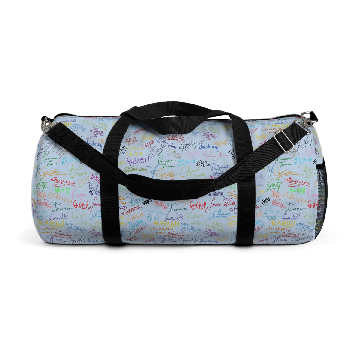 Character Autographs on Blue Travel Duffel Bag