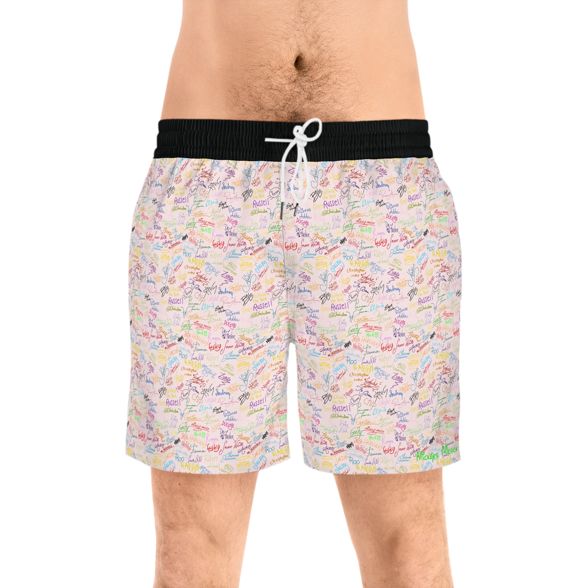Character Autographs on Pink Swim Trunks