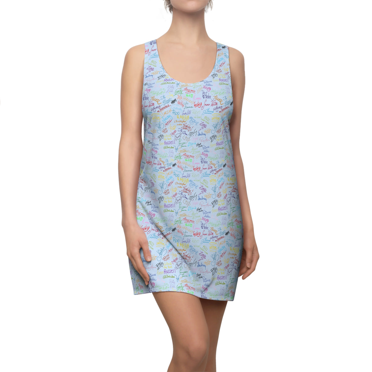 Character Autographs on Blue Racerback Dress