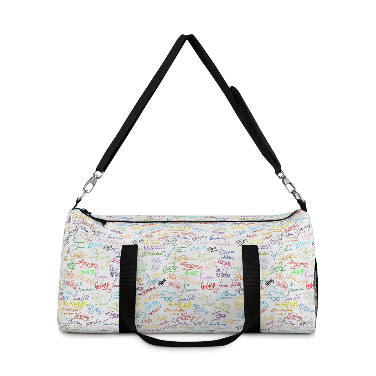 Character Autographs on White Travel Duffel Bag