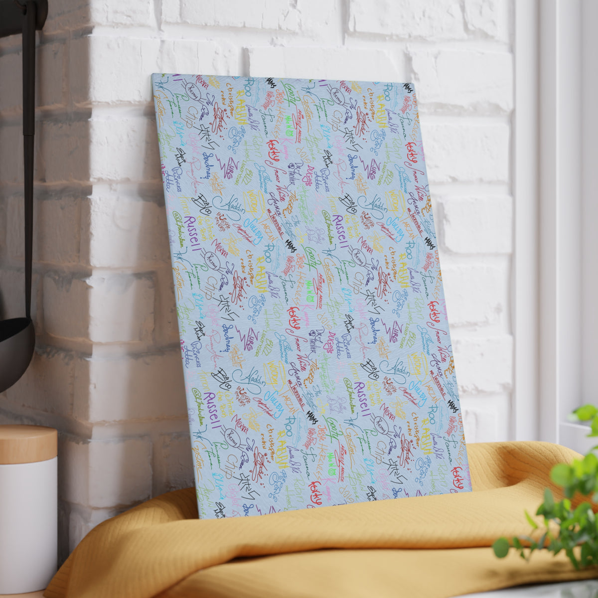 Character Autographs on Blue Glass Cutting Board