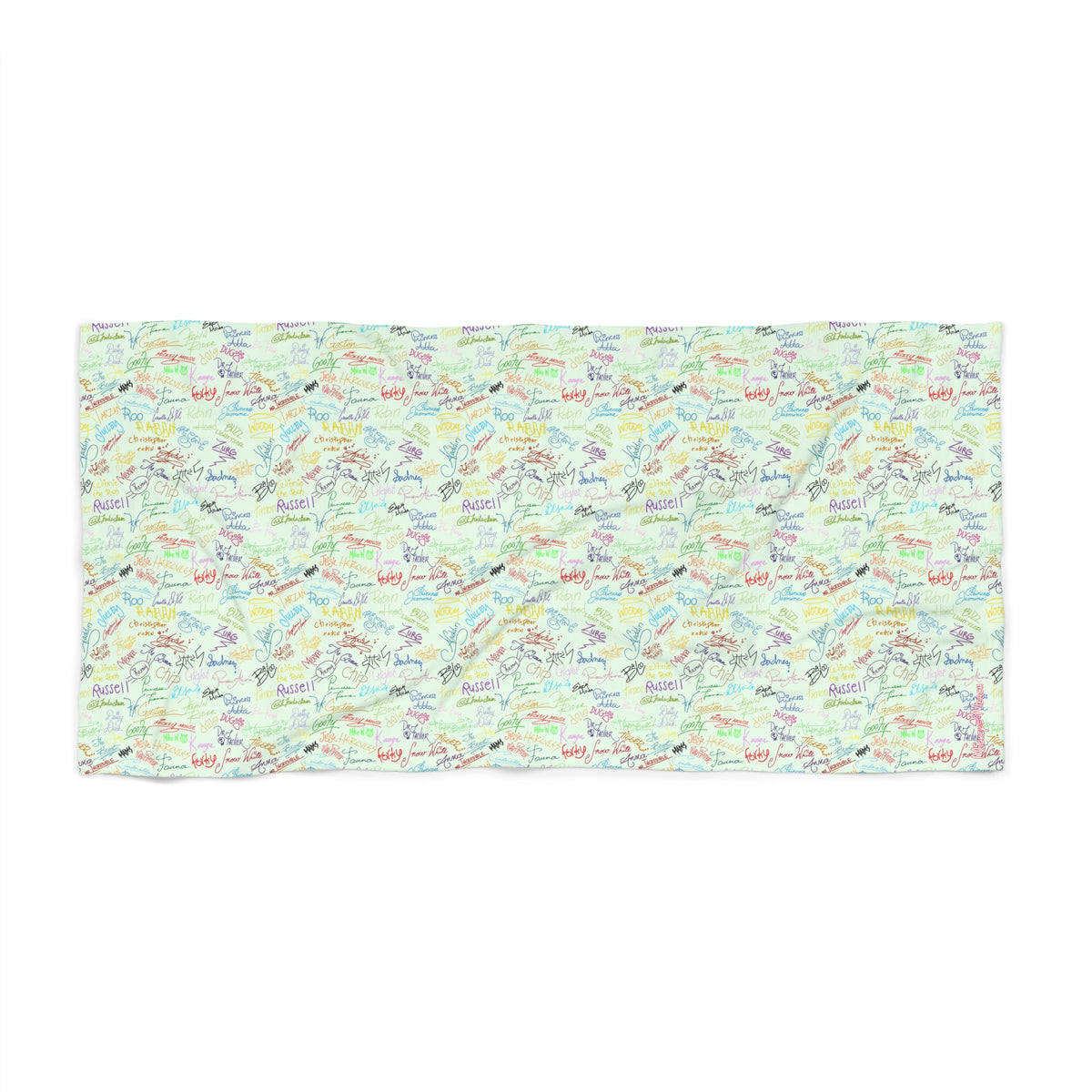 Character Autographs on Green Beach Towel