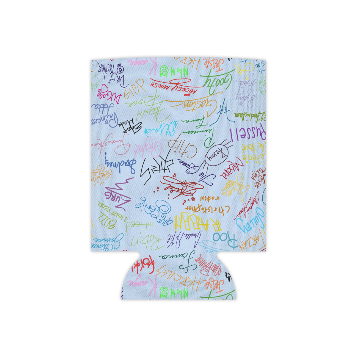 Character Autographs on Blue Can Cooler Drink Koozie