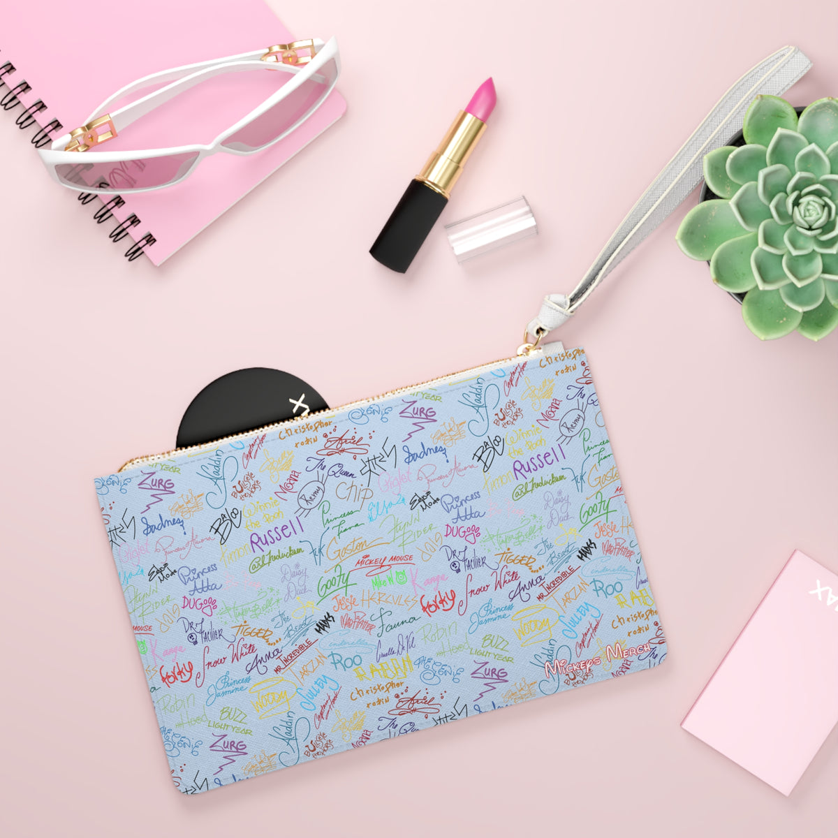 Character Autographs on Blue Convertible Wristlet Clutch