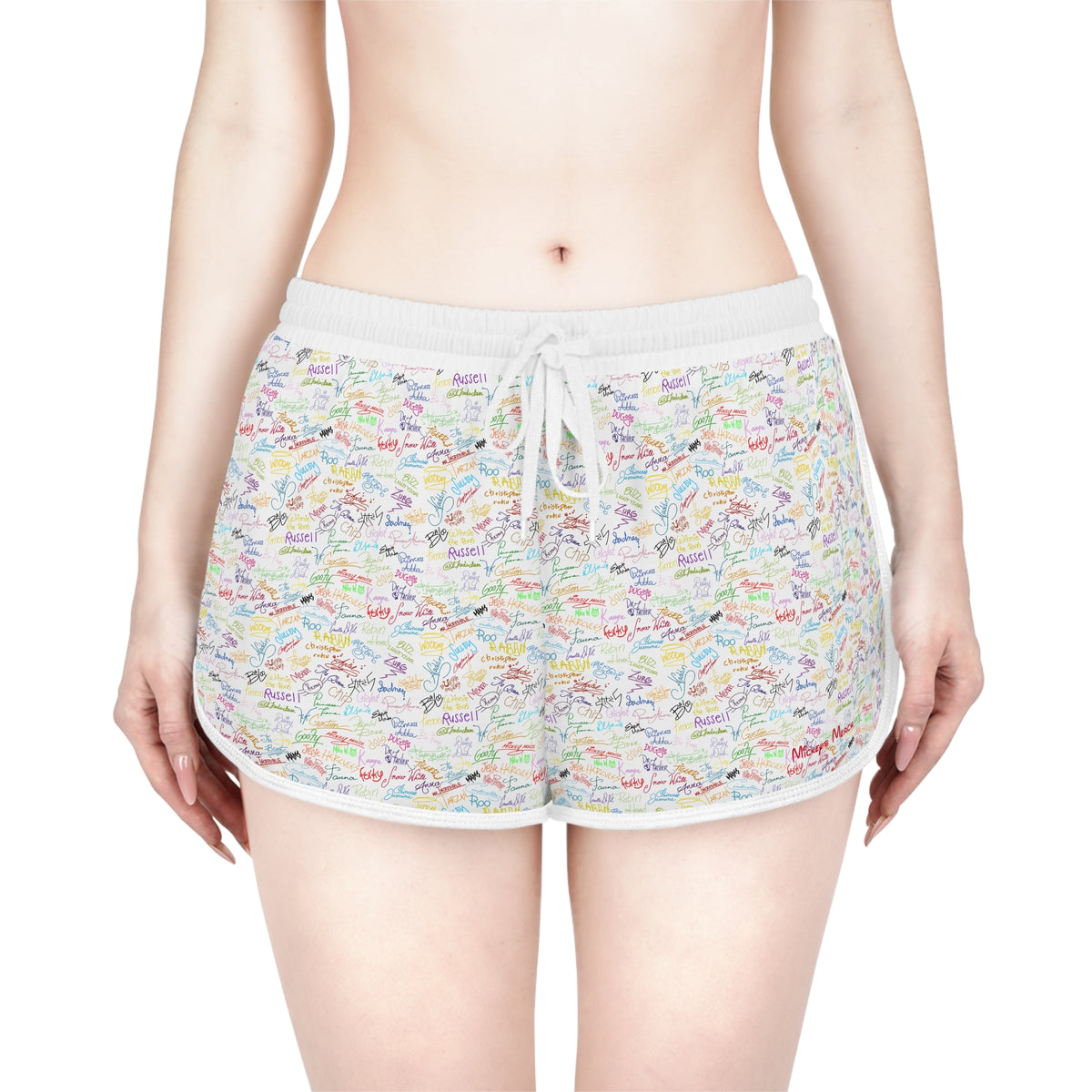 Character Autographs on White Relaxed Dolphin Shorts