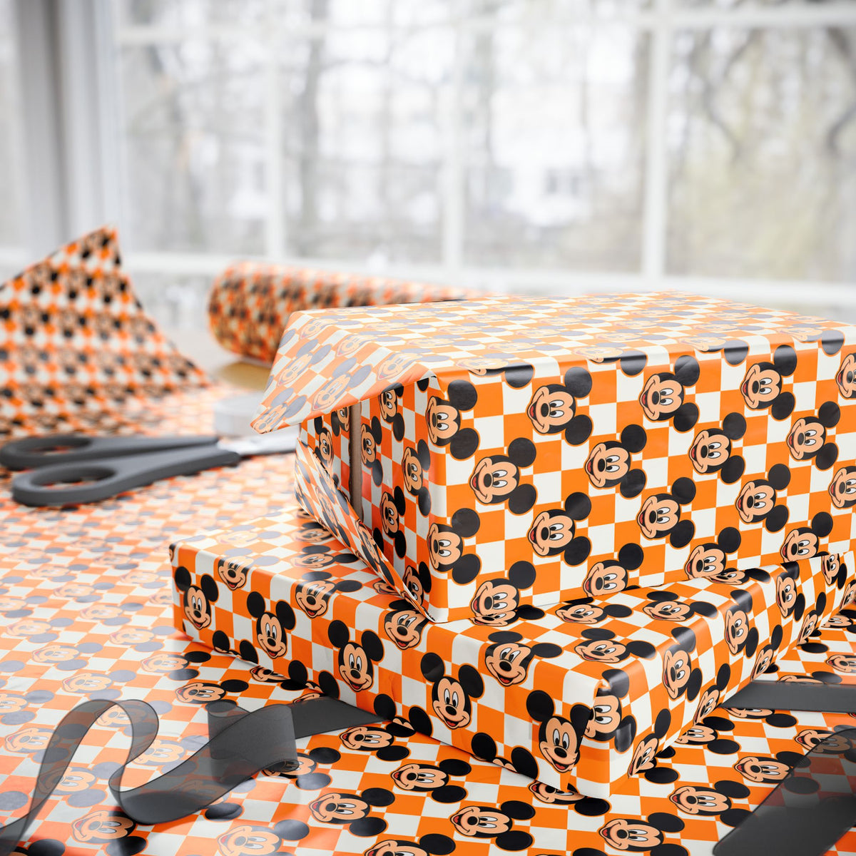 Orange Checkerboard Mickey Wrapping Paper Roll