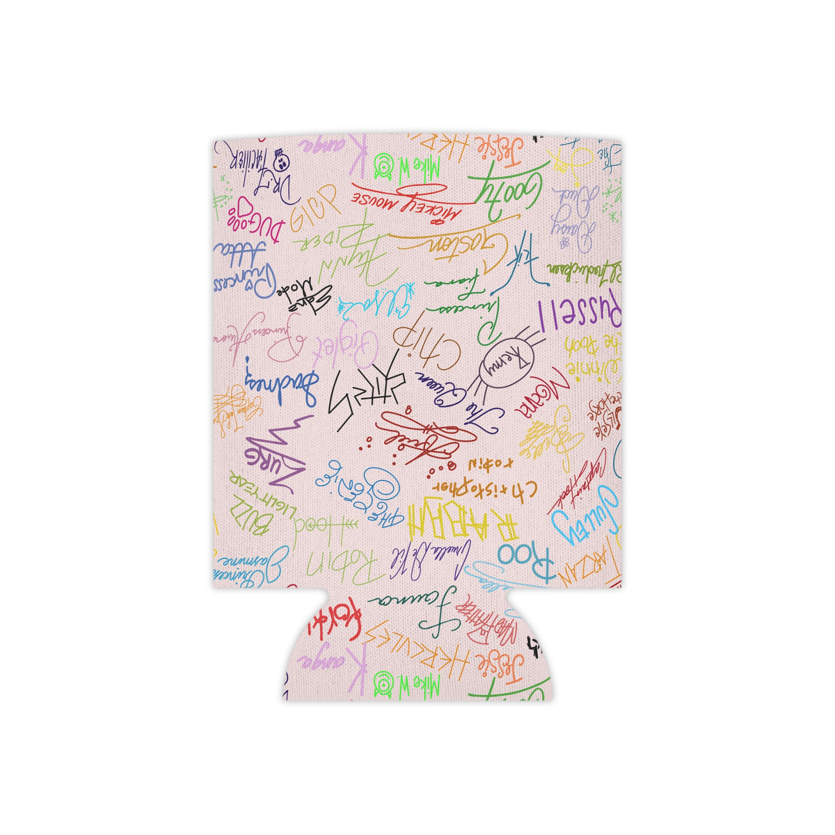 Character Autographs on Pink Can Cooler Drink Koozie