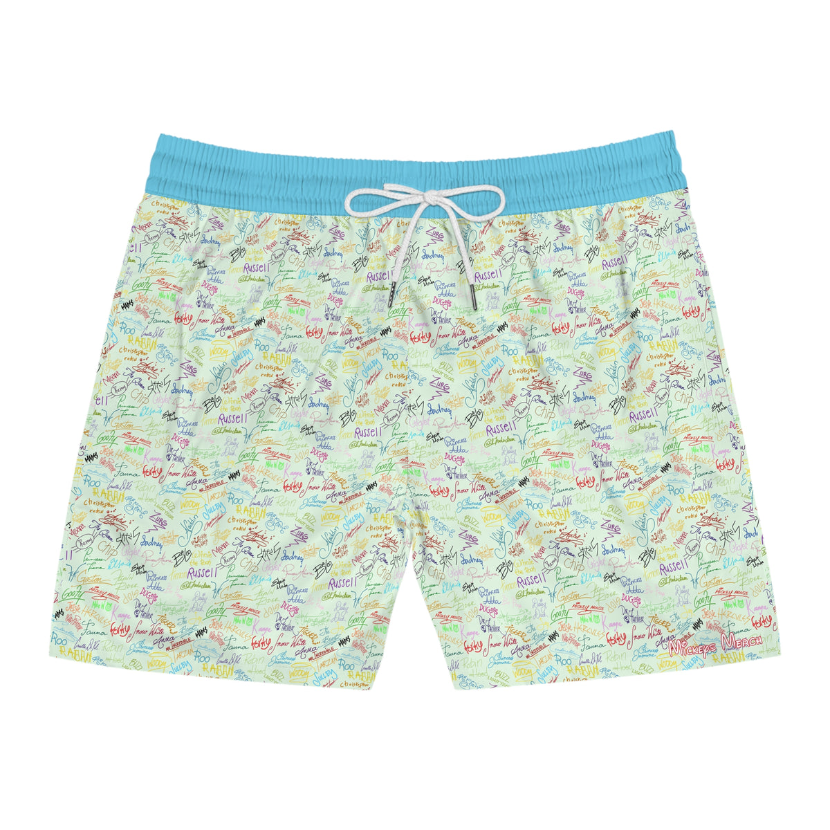 Character Autographs on Green Swim Trunks