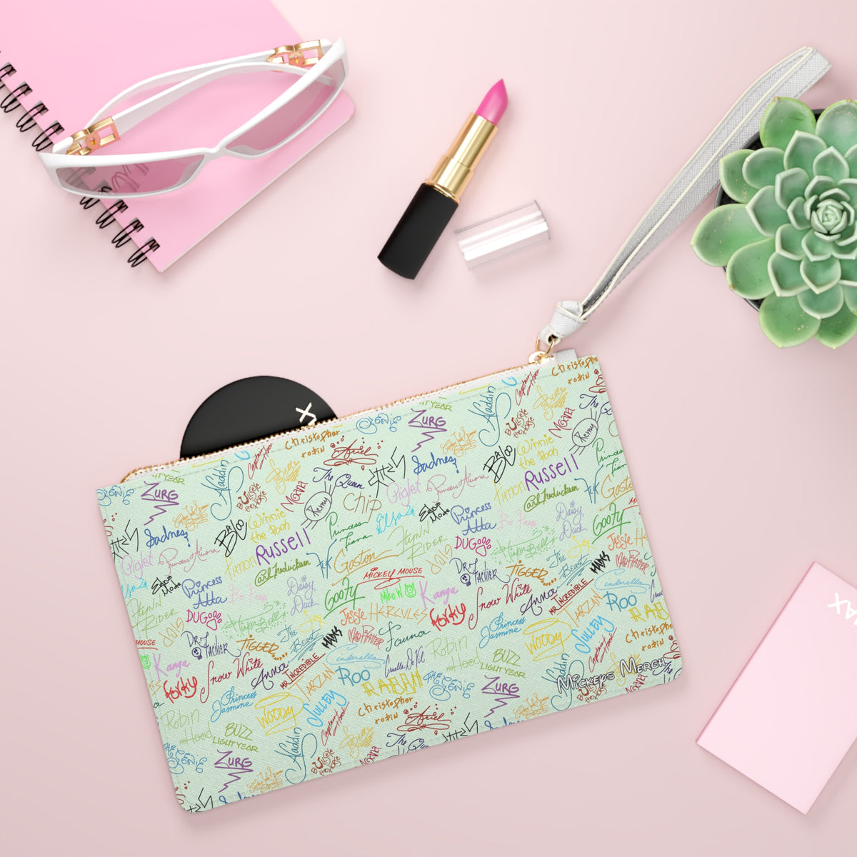 Character Autographs on Green Convertible Wristlet Clutch