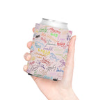Character Autographs on Pink Can Cooler Drink Koozie