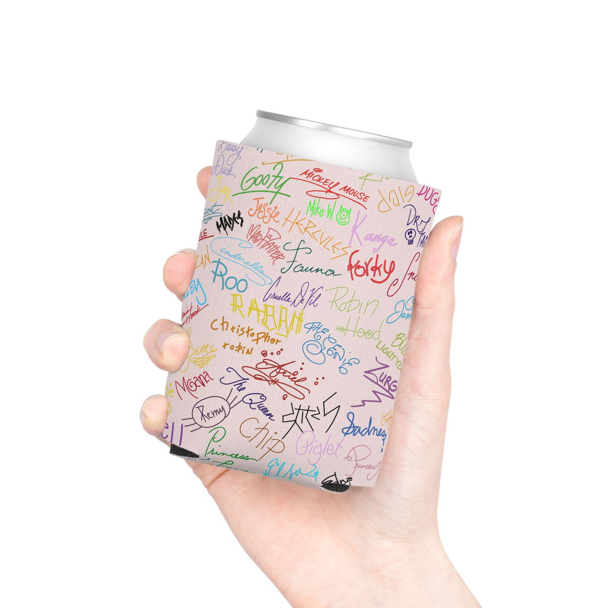 Character Autographs on Pink Can Cooler Drink Koozie