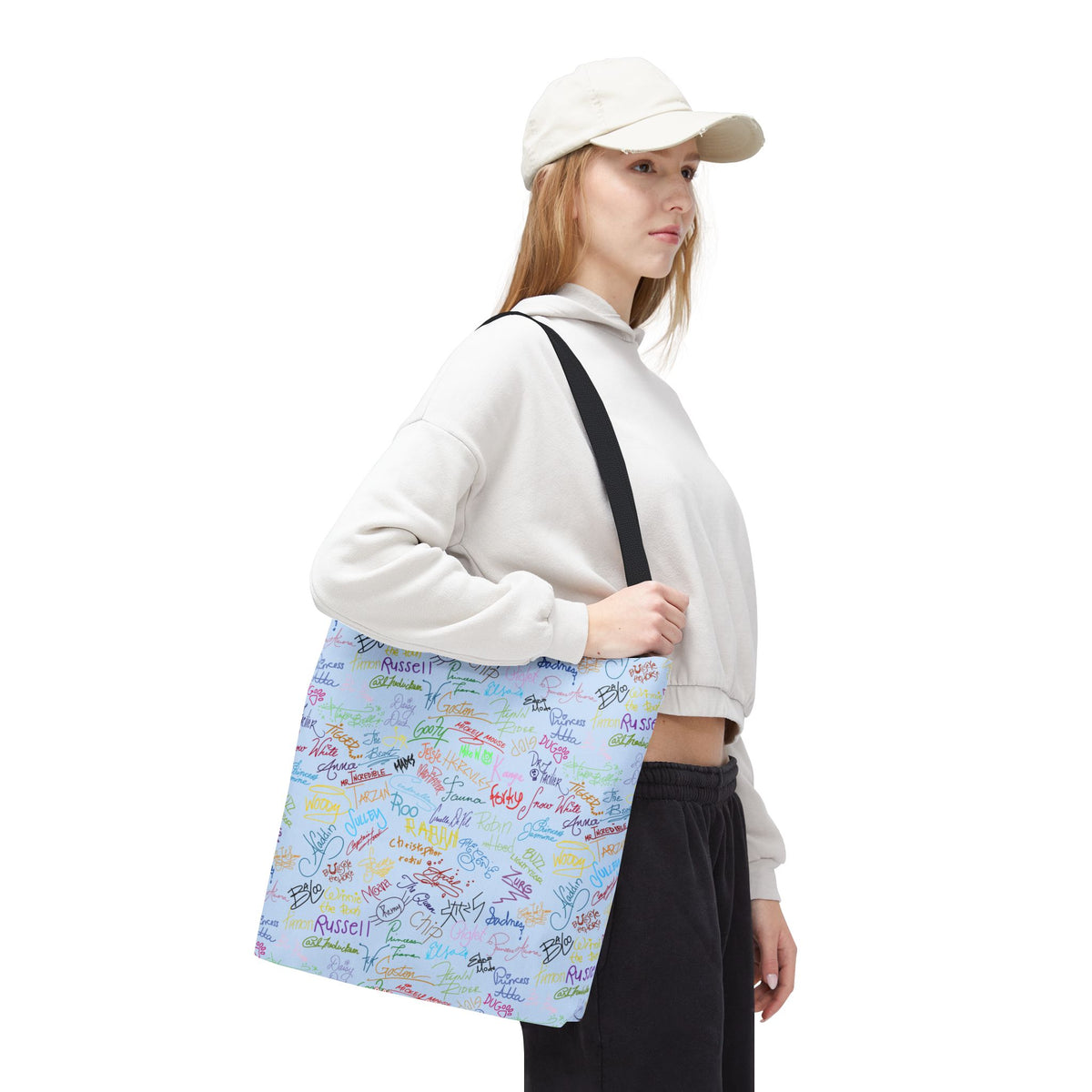 Character Autographs on Blue Tote Bag