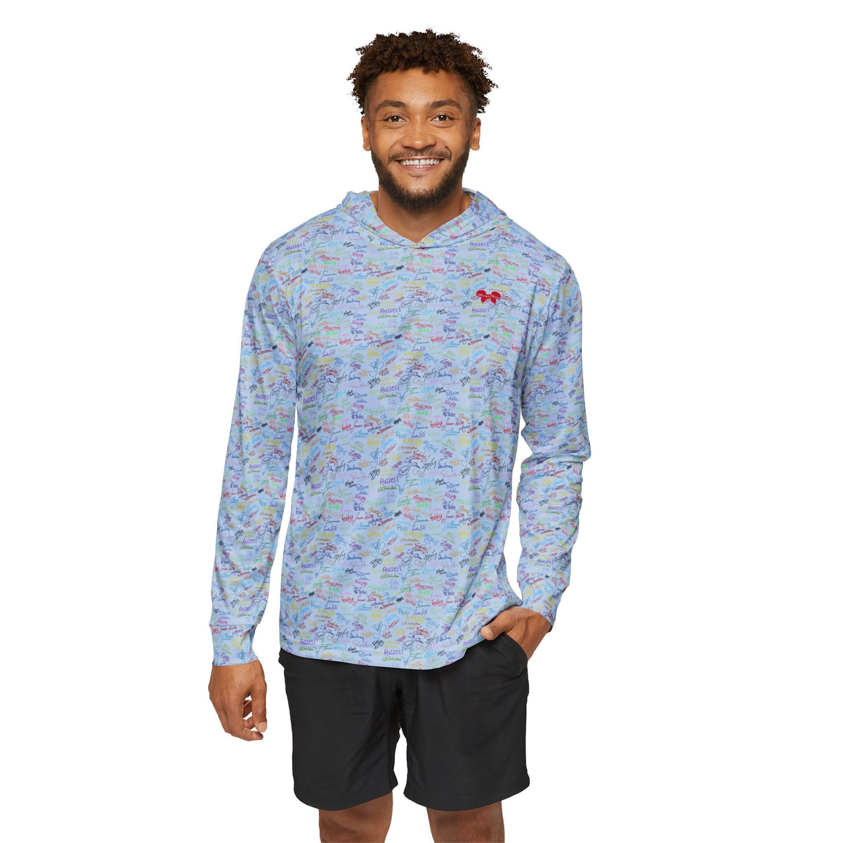 Character Autographs on Blue Hooded Sun Shirt