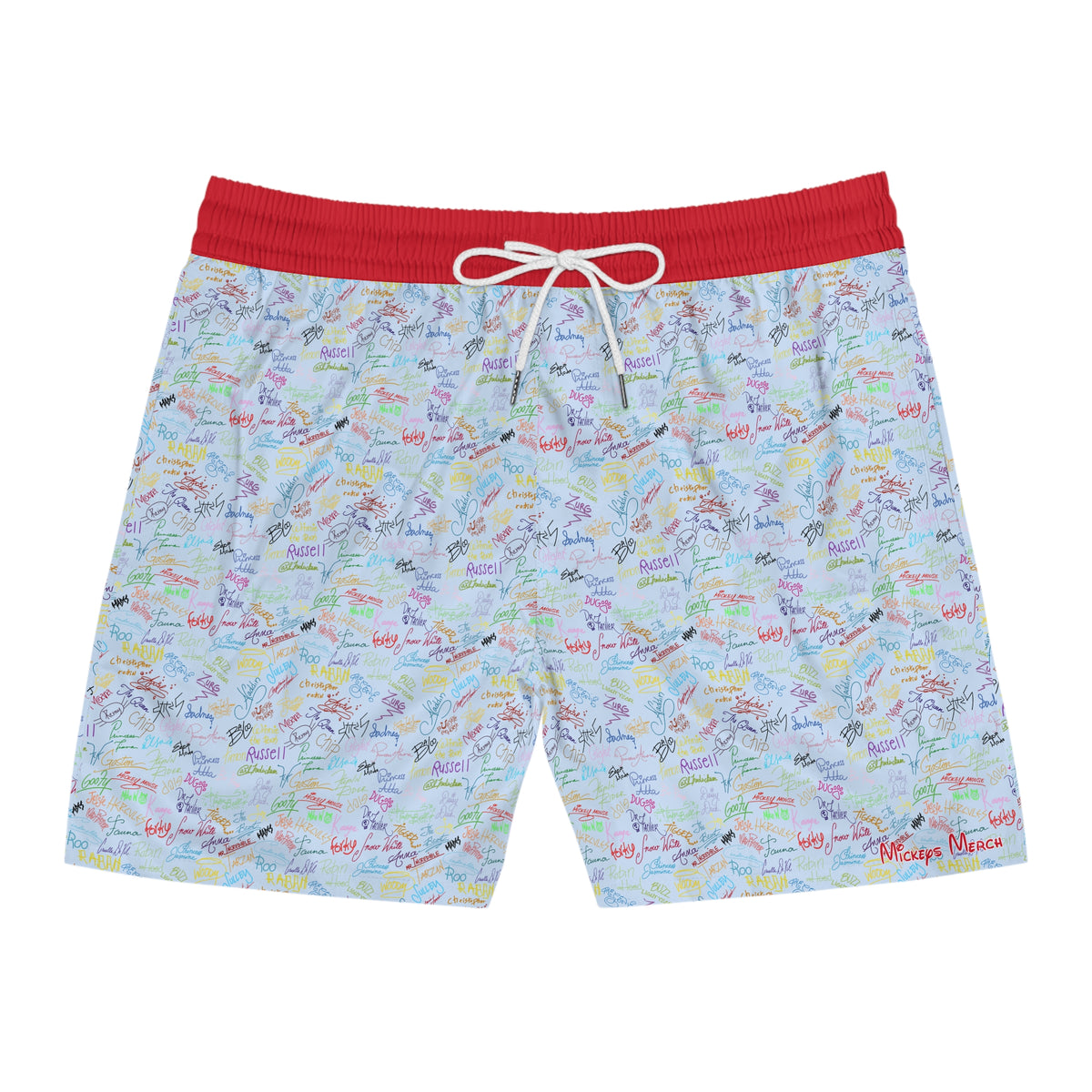 Character Autographs on Blue Swim Trunks