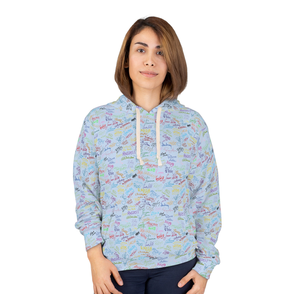 Character Autographs on Blue Hooded Sweatshirt