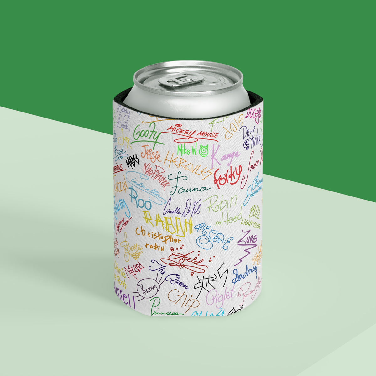 Character Autographs on White Can Cooler Drink Koozie