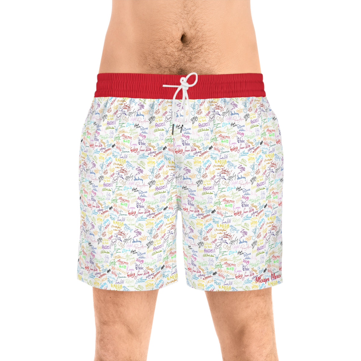 Character Autographs on White Swim Trunks