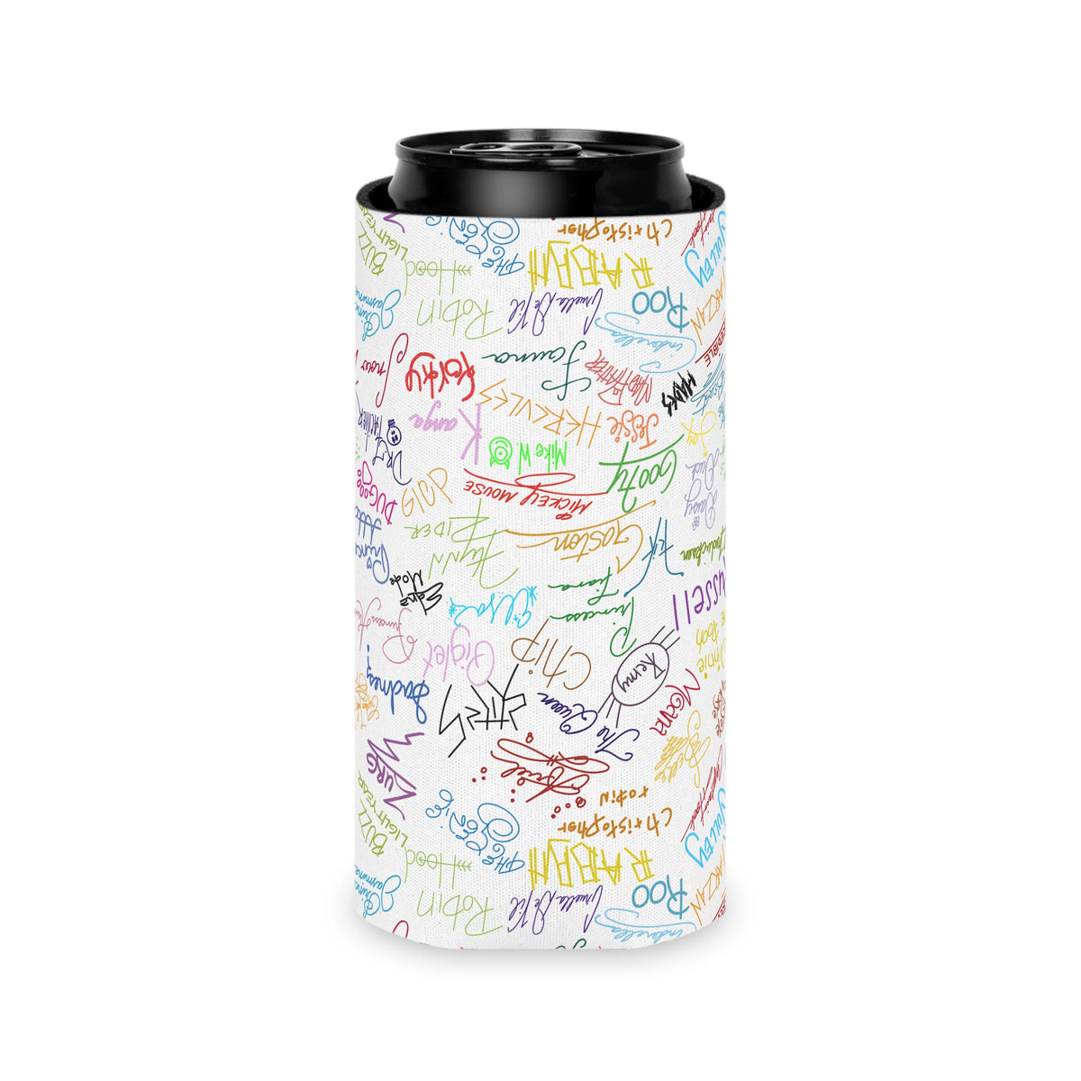 Character Autographs on White Can Cooler Drink Koozie