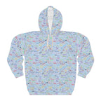 Character Autographs on Blue Hooded Sweatshirt