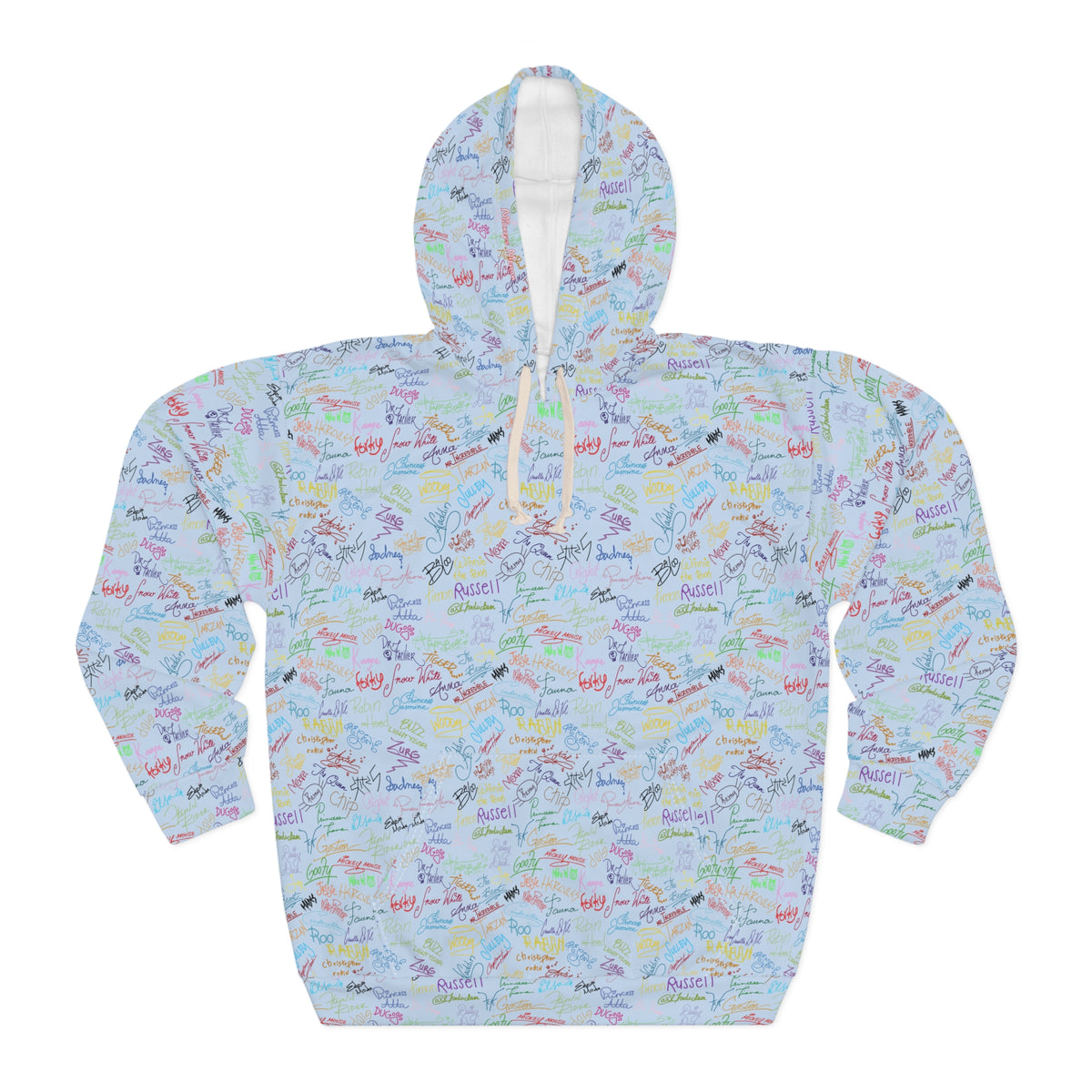 Character Autographs on Blue Hooded Sweatshirt