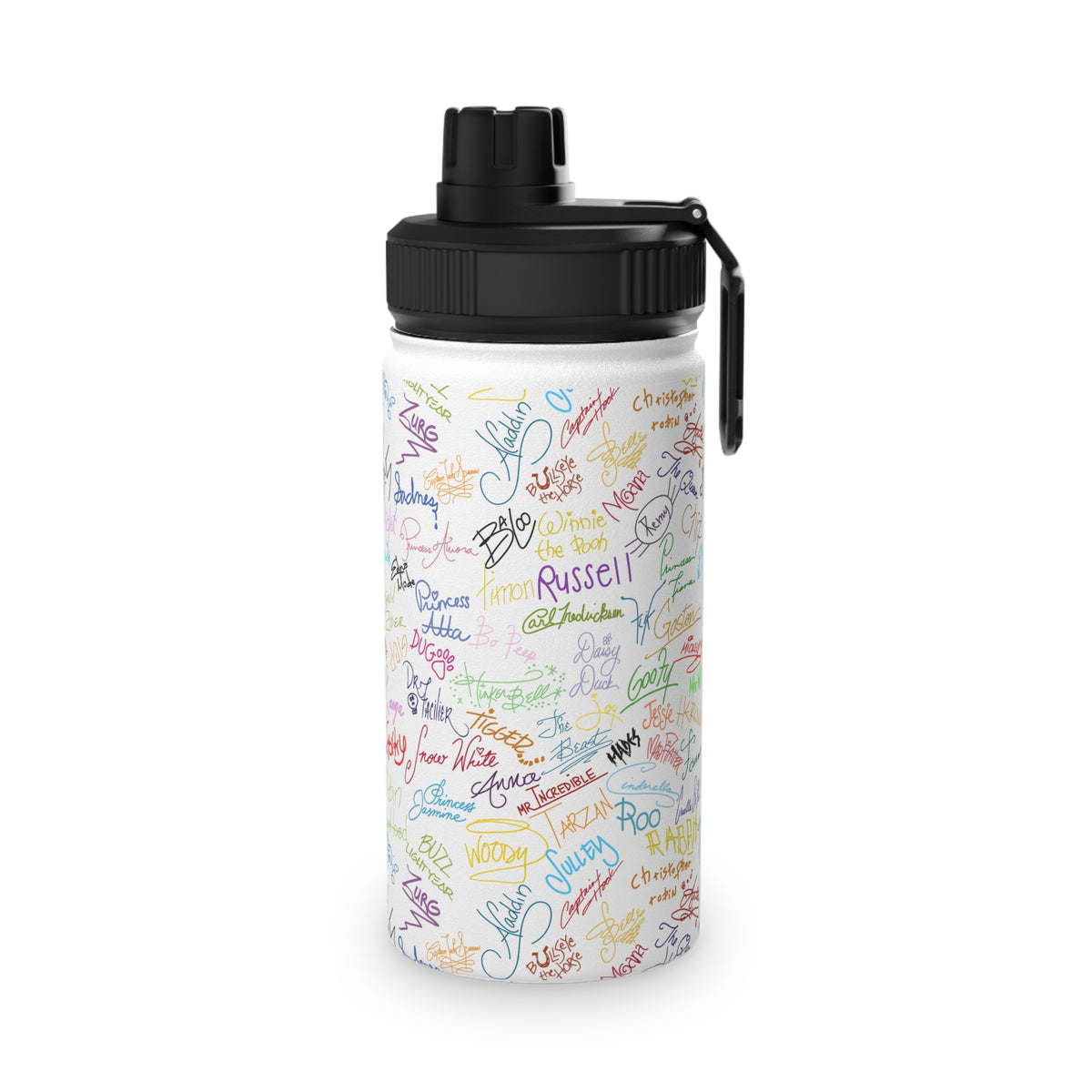 Character Autographs on White Stainless Steel Water Bottle