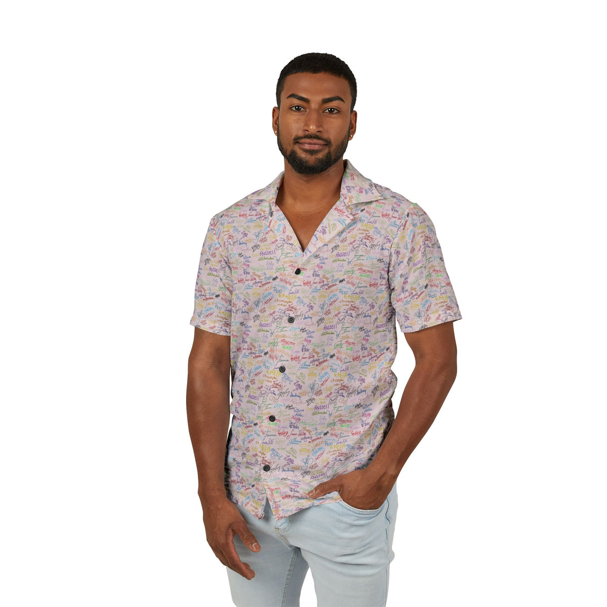 Character Autographs on Pink Hawaiian Shirt