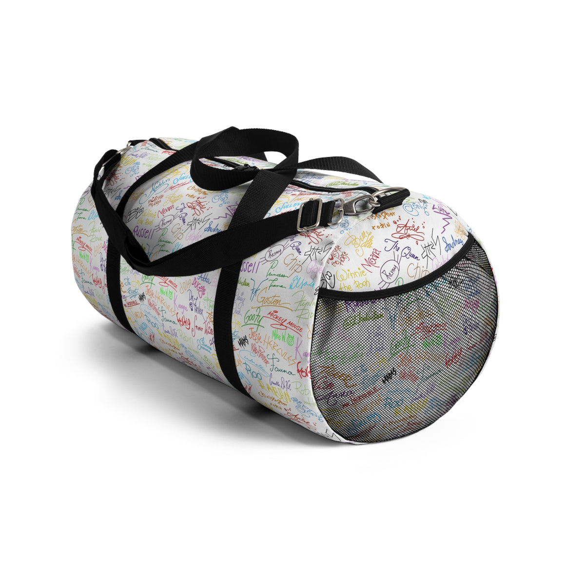 Character Autographs on White Travel Duffel Bag
