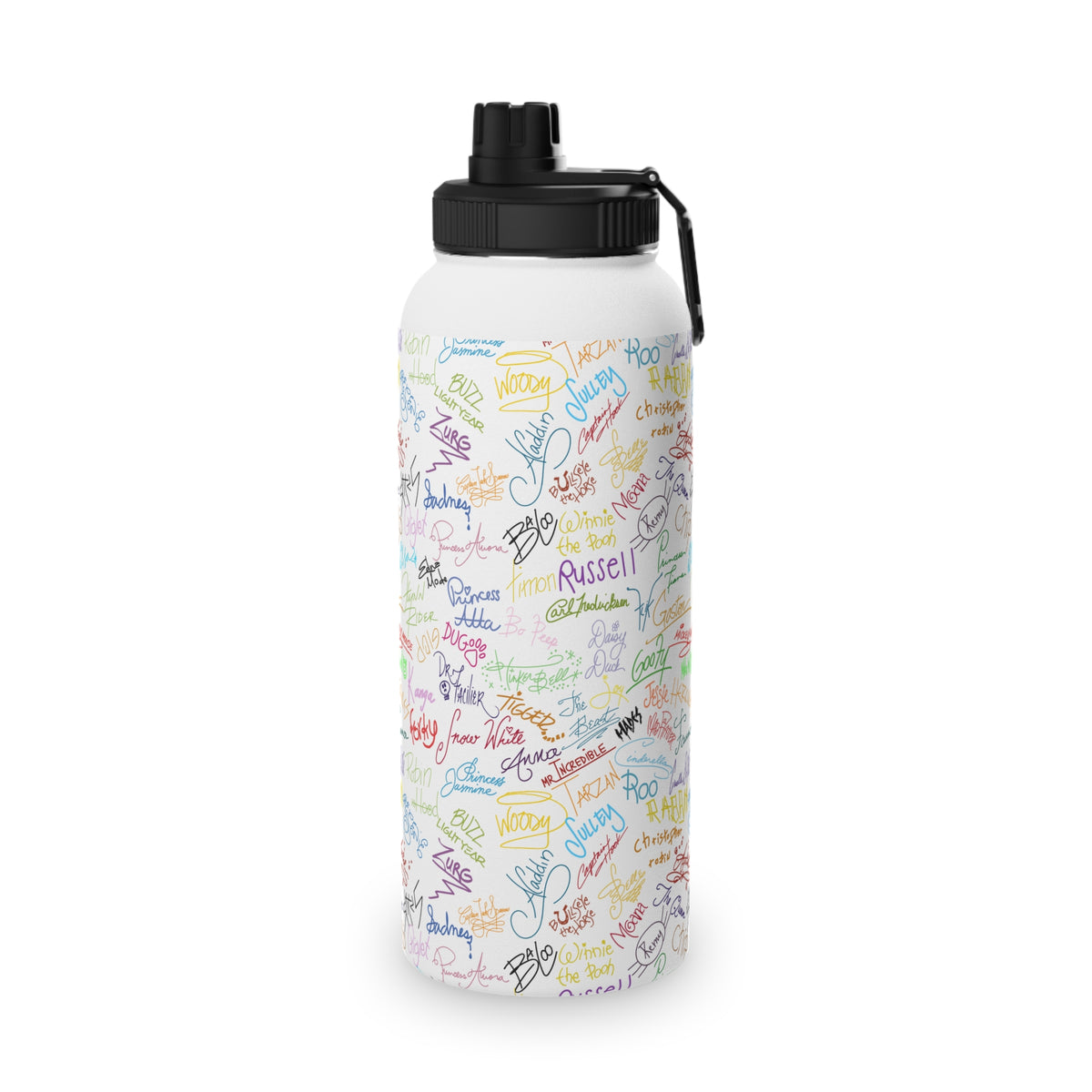 Character Autographs on White Stainless Steel Water Bottle