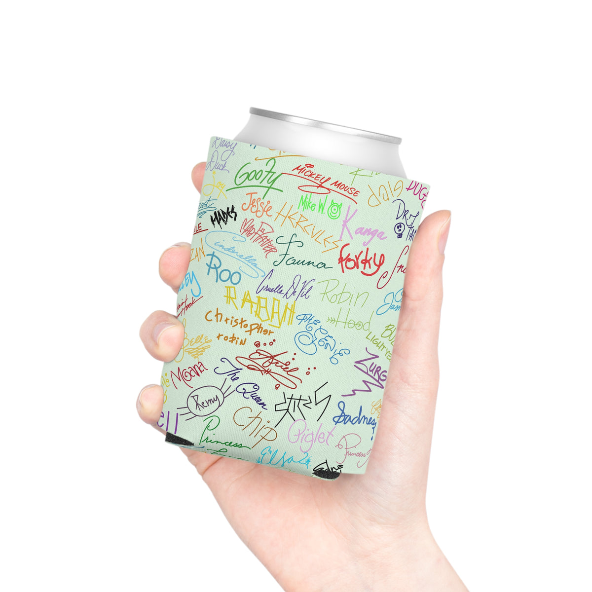 Character Autographs on Green Can Cooler Drink Koozie