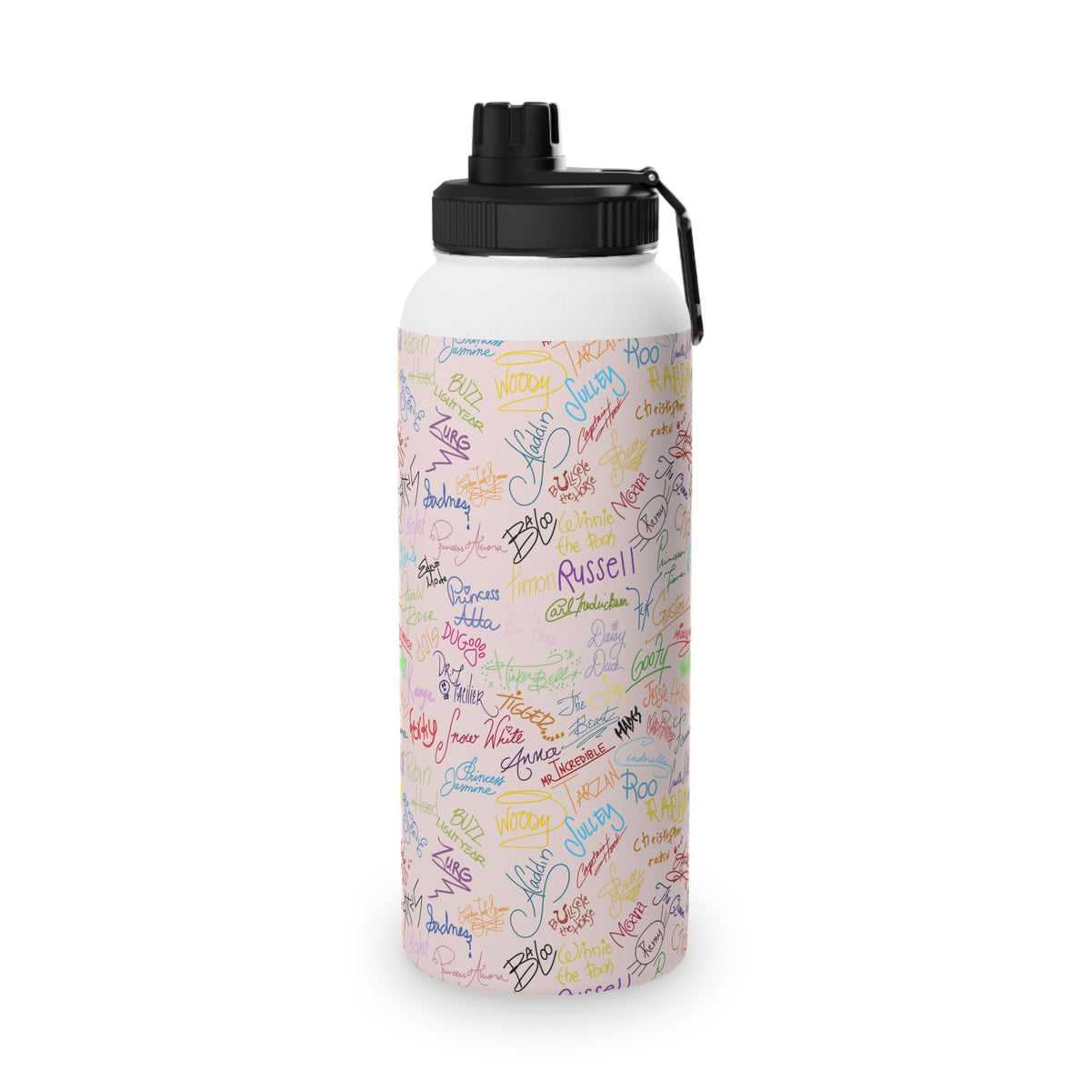 Character Autographs on Pink Stainless Steel Water Bottle