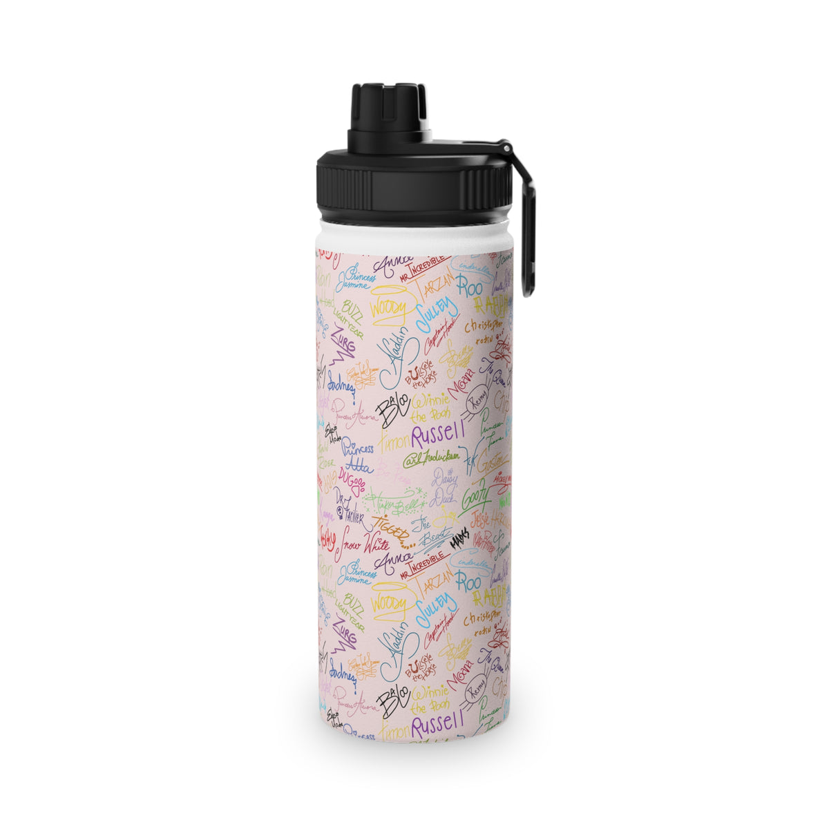 Character Autographs on Pink Stainless Steel Water Bottle