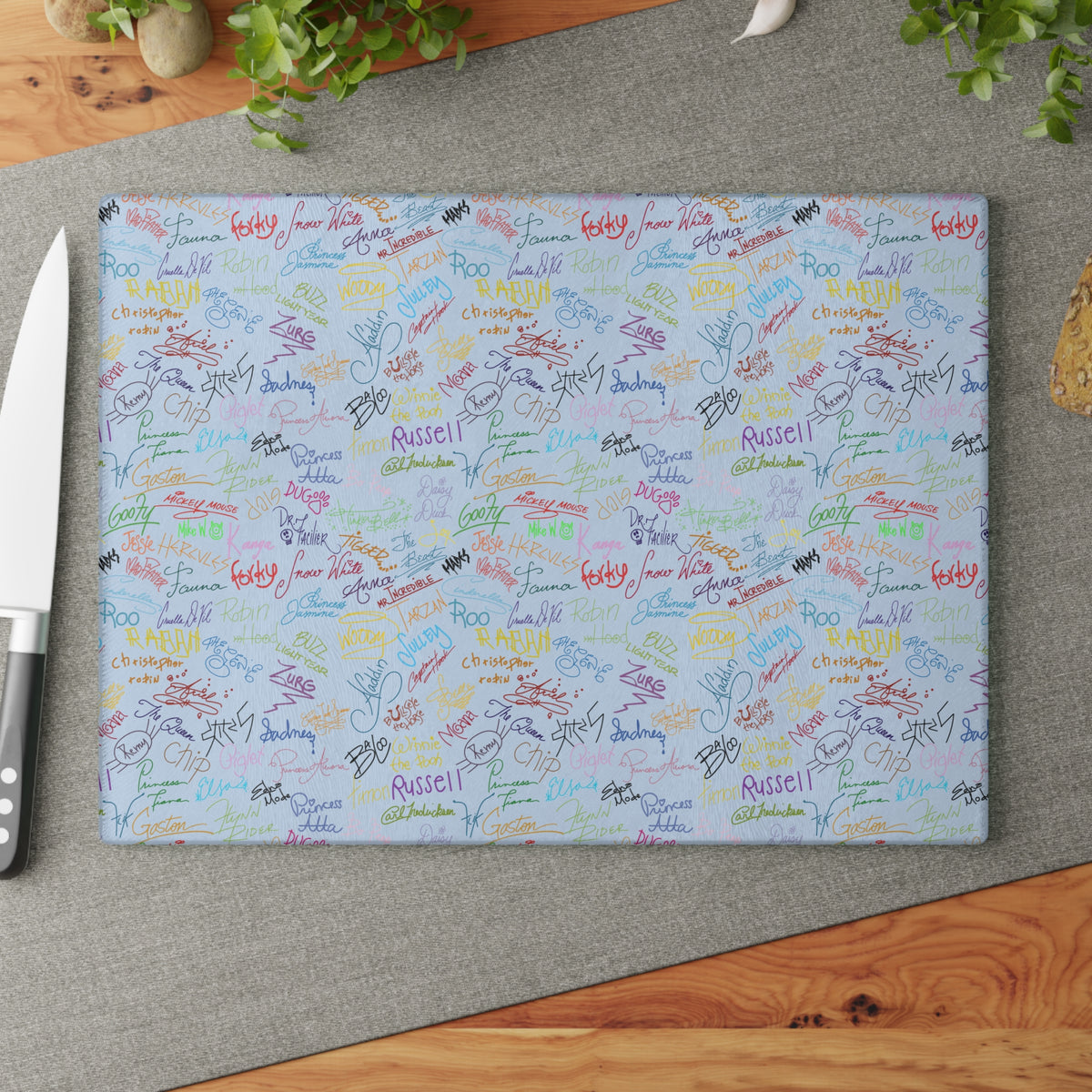 Character Autographs on Blue Glass Cutting Board