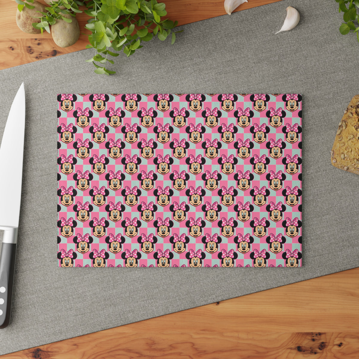 Pink Checkerboard Minnie Glass Cutting Board