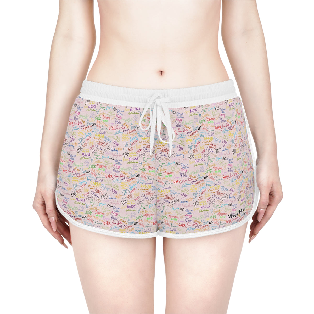 Character Autographs on Pink Relaxed Dolphin Shorts