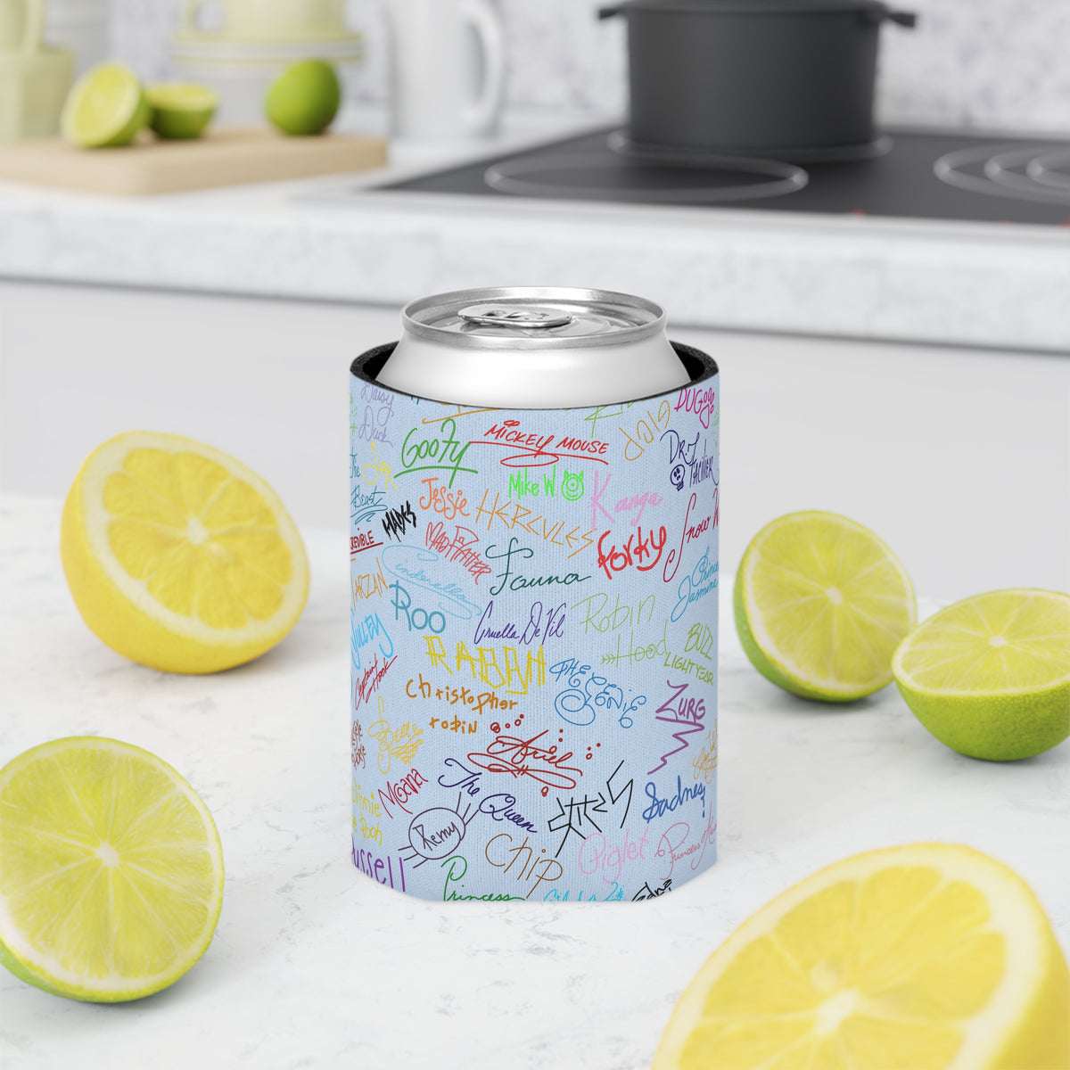Character Autographs on Blue Can Cooler Drink Koozie