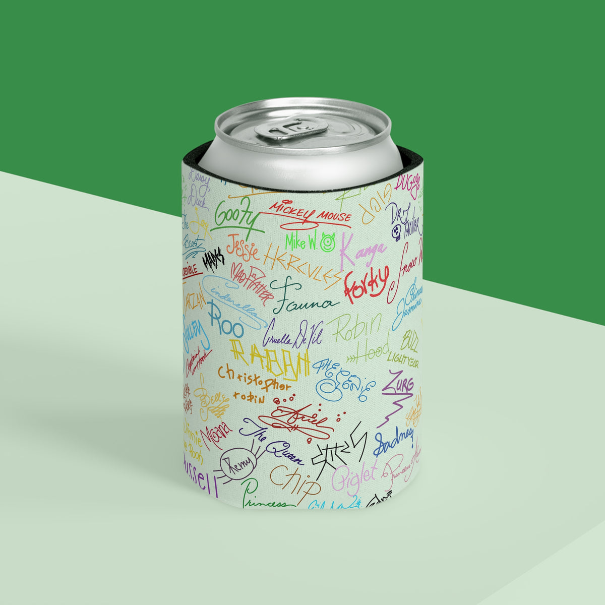 Character Autographs on Green Can Cooler Drink Koozie