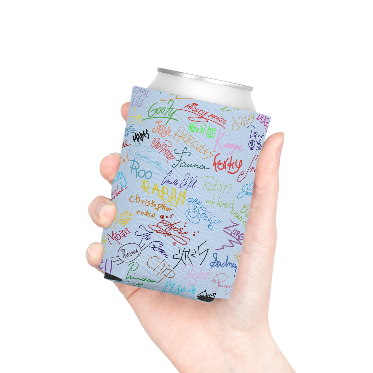 Character Autographs on Blue Can Cooler Drink Koozie
