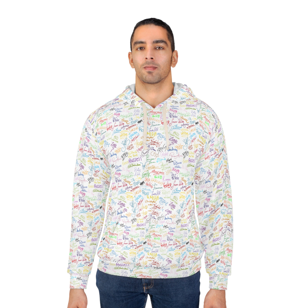 Character Autographs on White Hooded Sweatshirt