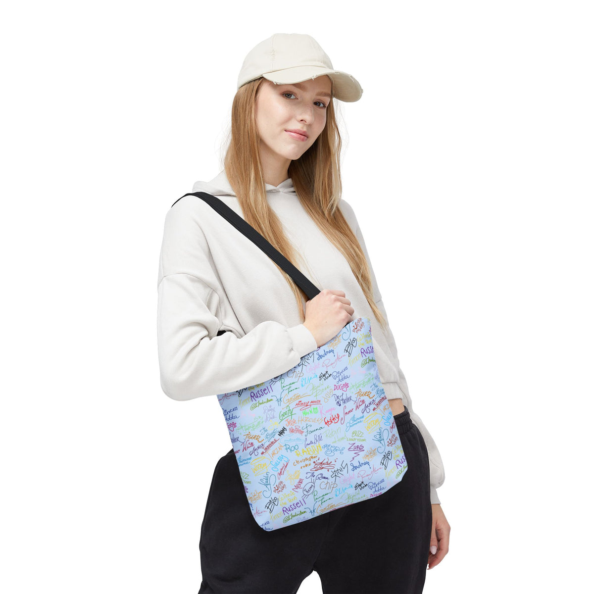 Character Autographs on Blue Tote Bag