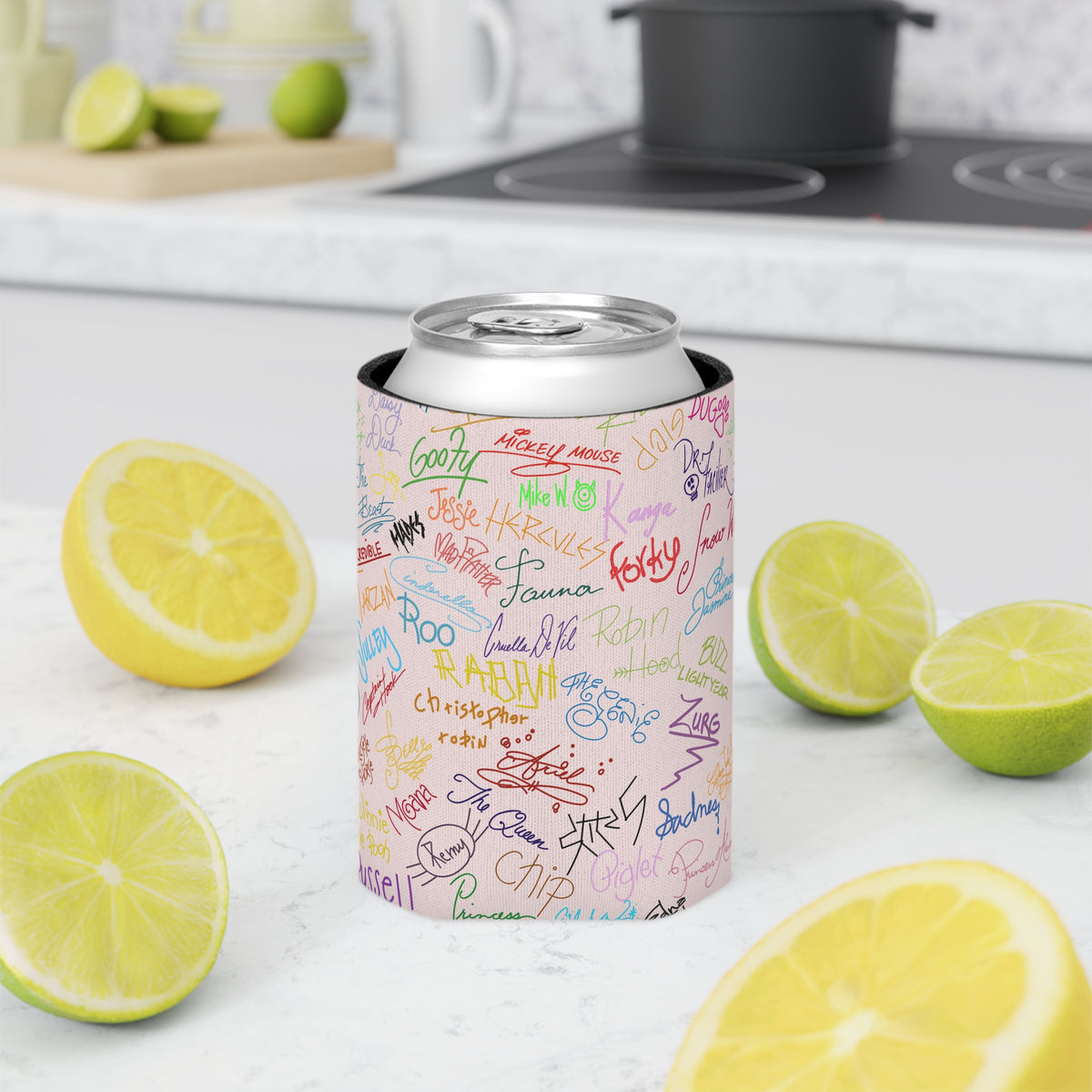 Character Autographs on Pink Can Cooler Drink Koozie