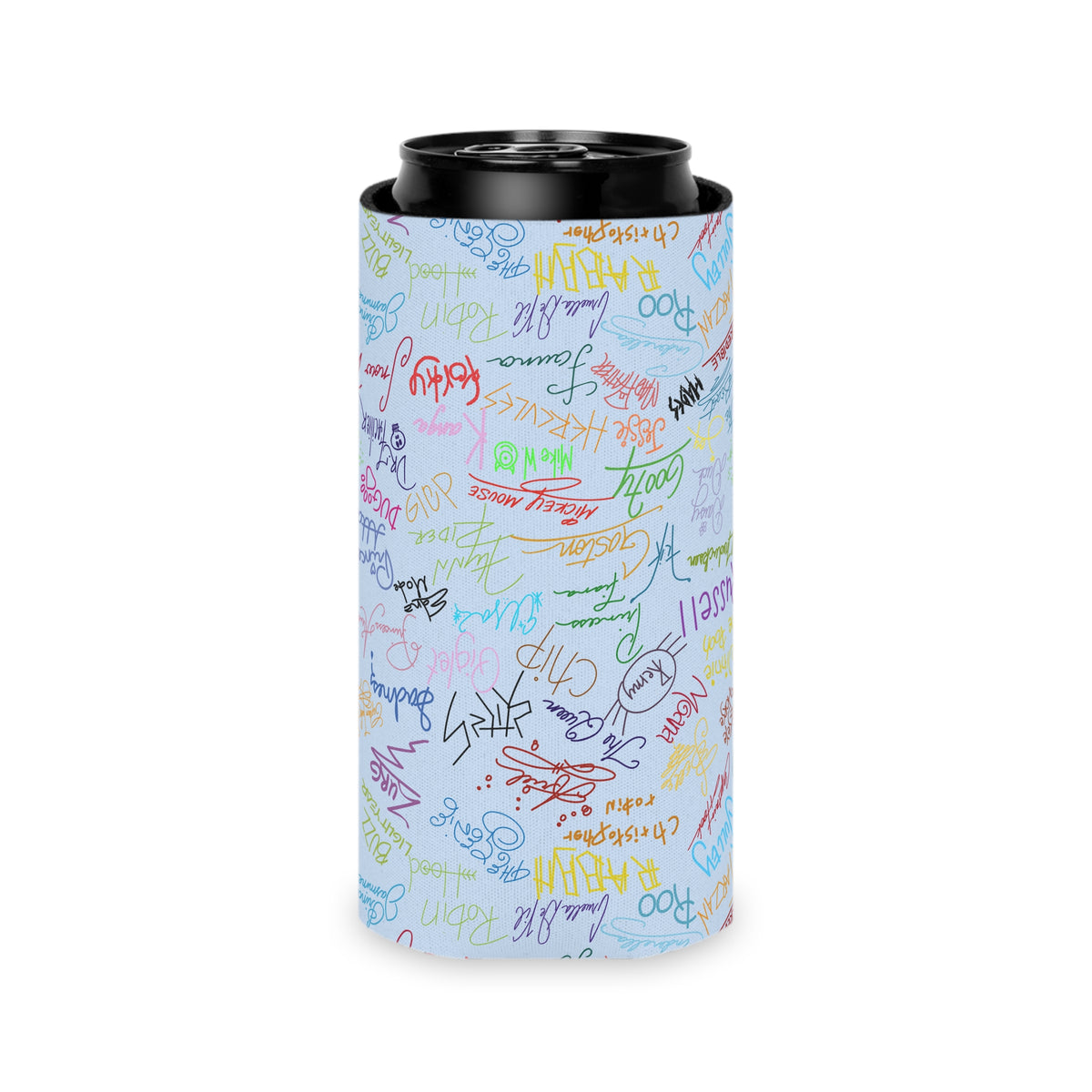 Character Autographs on Blue Can Cooler Drink Koozie