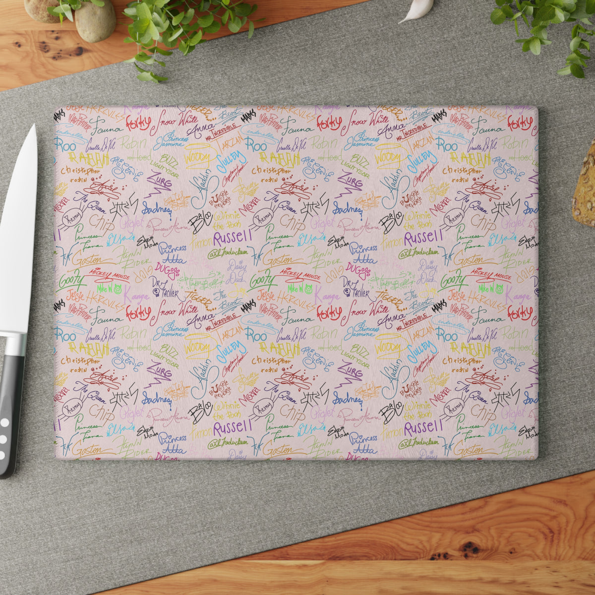 Character Autographs on Pink Glass Cutting Board
