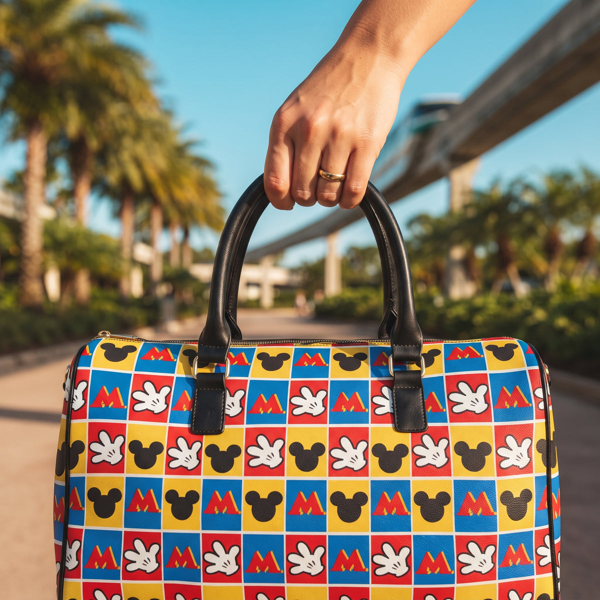 Checkerboard Mickey Hands PU Leather Travel Bag