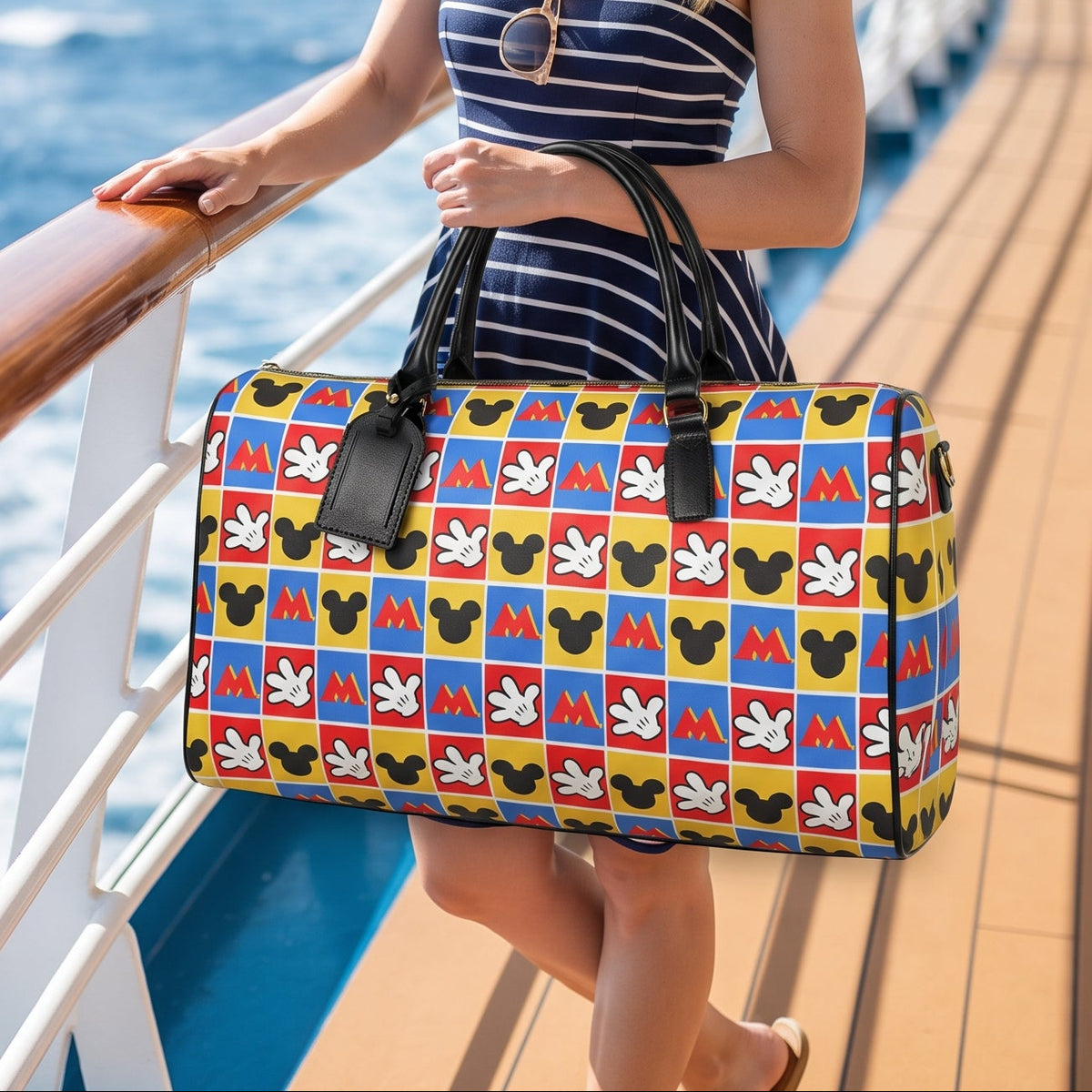 Checkerboard Mickey Hands PU Leather Travel Bag