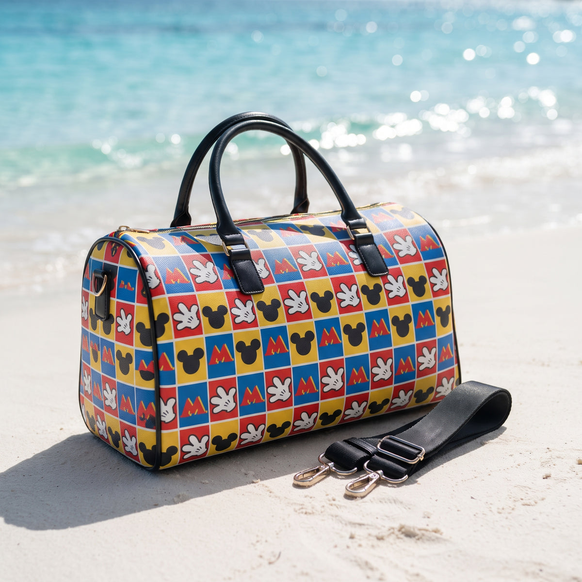 Checkerboard Mickey Hands PU Leather Travel Bag