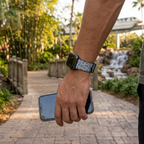 Aqua festive watchband along a garden footbridge
