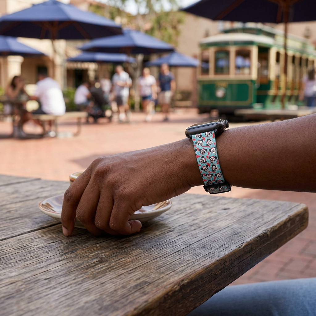 Aqua festive watchband at a courtyard café