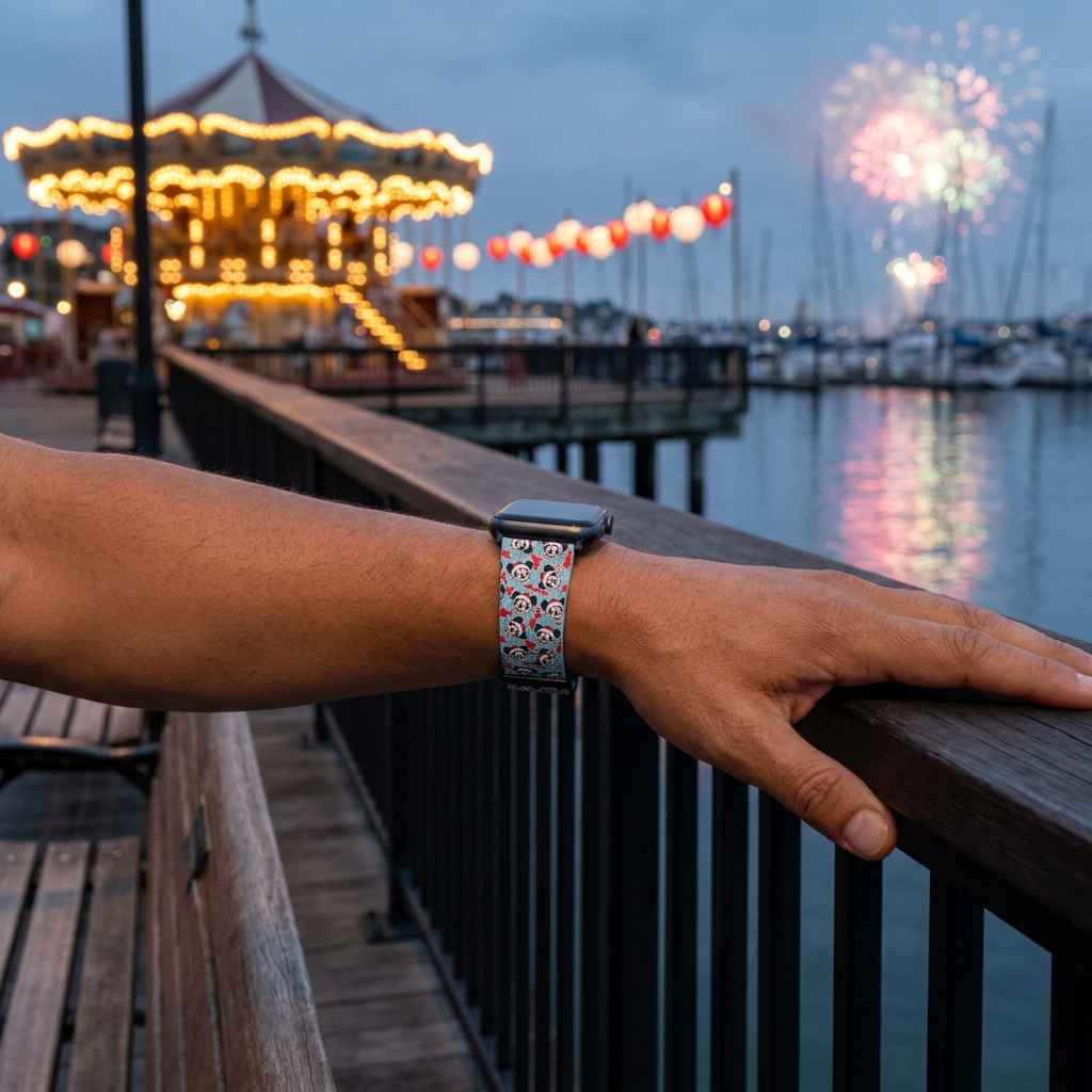 Aqua festive watchband with waterfront carousel lights and fireworks