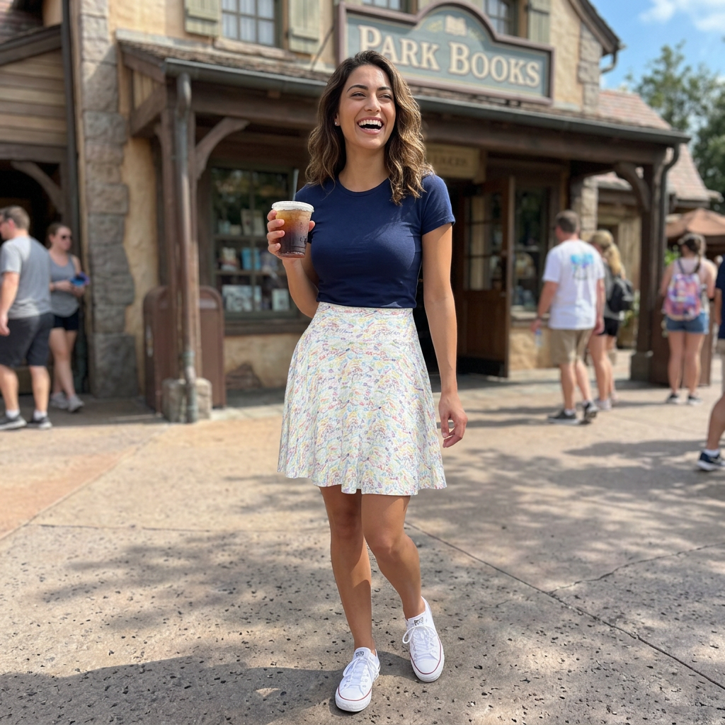 Autograph skirt outside theme park bookshop