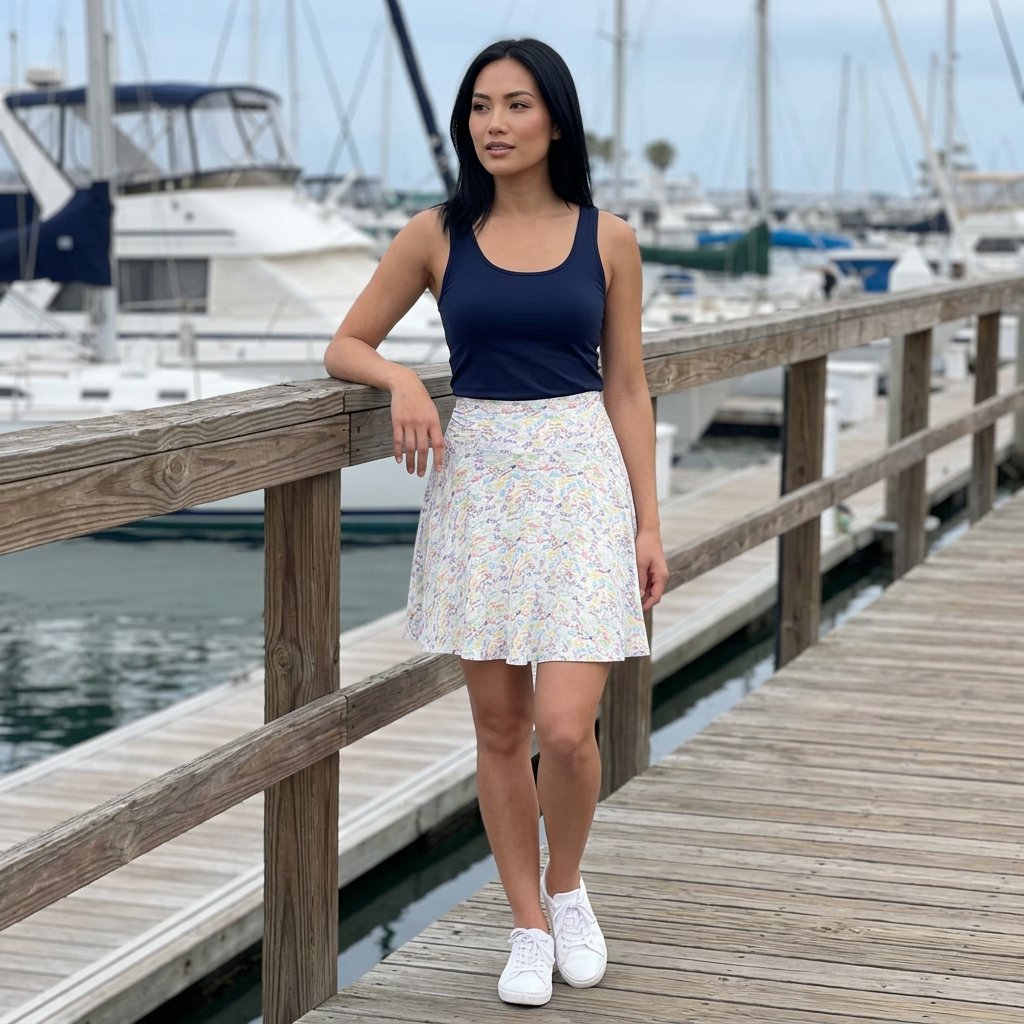 Autograph skirt standing on marina boardwalk